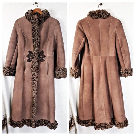 70's Penny Lane/ Almost Famous Style Full Length Fur Trimmed Shearling Coat - Picture 2 of 6